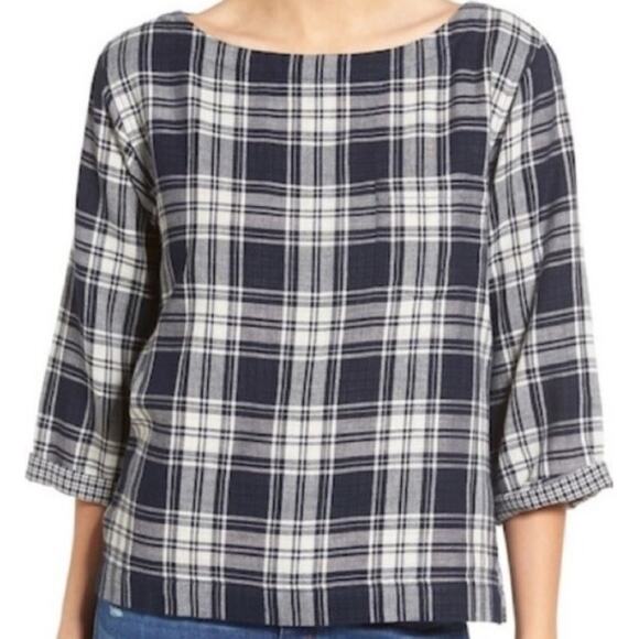 Madewell Double Navy Plaid 3/4 Sleeve Pullover Cotton Top Women Size S Cottage - Picture 2 of 7